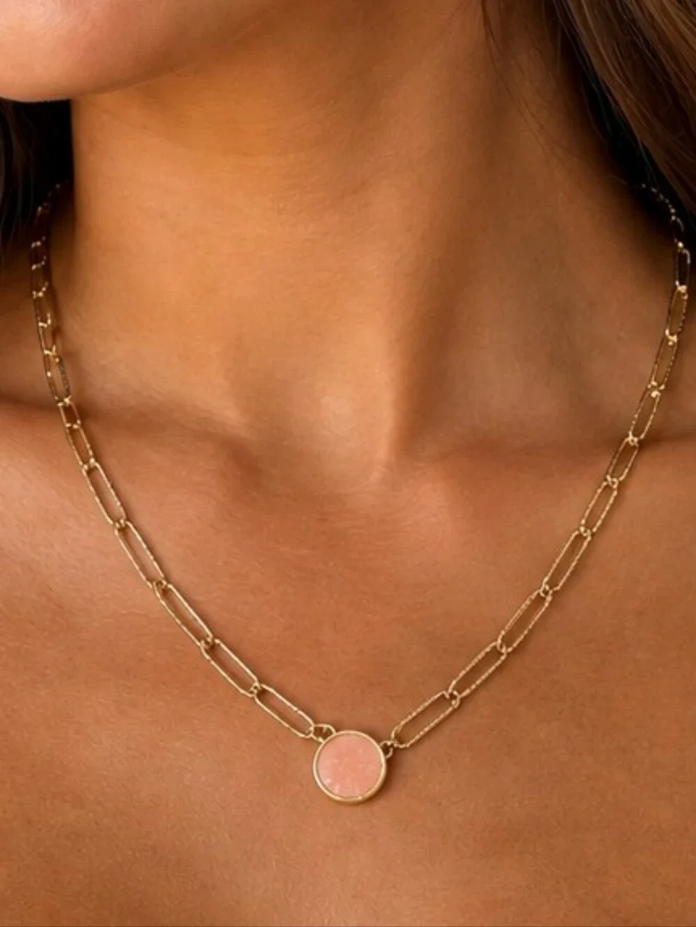 Gold Necklace Large Paperclip Chain Pink Druzy Stone Round Crystal Charm Pendant